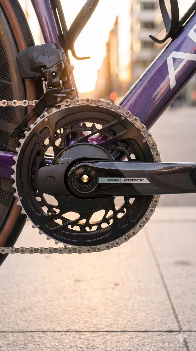 SRAM Force crankstel detail bij zonsondergang